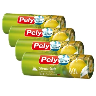 Bild av Pely dragband soppåse med citrondoft klimatutraliserad genom kompensation, värdepaket (4 x 10 stycken), gul, för bortskaffande av resterande avfall (60 liter) behaglig doft