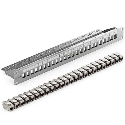 Bild av deleyCON 24 Portar CAT7 Patchpanel SET Distribution Panel Modulärt 1 U 19&quot; Tum Rackinstallation + 24x CAT 7 Keystone Moduler RJ45 LAN Nätverk 10 Gbit/s 600MHz Installationskabel Grå