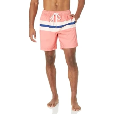 Bild av Amazon Essentials Men&#039;s Snabbtorkande badtröja 18 cm (7 tum), Blå Korallrosa Rand, M