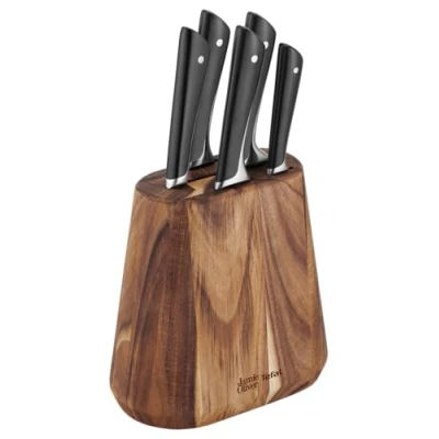 Bild av TEFAL K267S655 Jamie Olivier knivblock i 5 delar, köksknivar + träknivblock, hög skärprestanda, unik design, robusta och hållbara blad, brun/svart