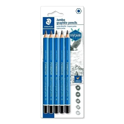 Bild av STAEDTLER Jumbo Bleistifte Mars Lumograph jumbo, Sechskantform, hohe Bruchfestigkeit, 5 Härtegrade, Qualität Made in Germany, Blisterkarte mit Bleistiften, 100J S BK5