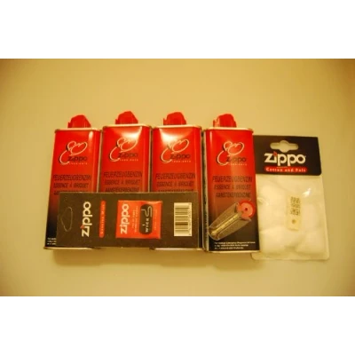 Bild av Zippo Originaltillbehör 4 x Bränsleburkar + 1 Wick 6 flints vadd och filt!