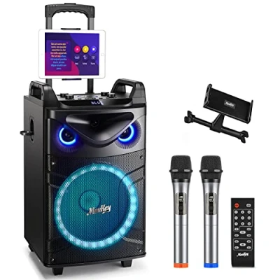 Bild av Moukey karaoke maskin, stort system med 30 cm woofer &amp; 8 tweeter 2 mikrofoner, uppladdningsbar Bluetooth högtalare ljuseffekt surfplattehållare TWS/Rec/AUX/USB/TF/FM för fest