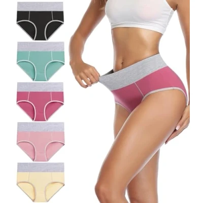 Bild av wirarpa Bomullsunderkläder för kvinnor, stretchiga briefs med hög midja, mjuka underbyxor, damunderkläder full täckning, 5 pack., L