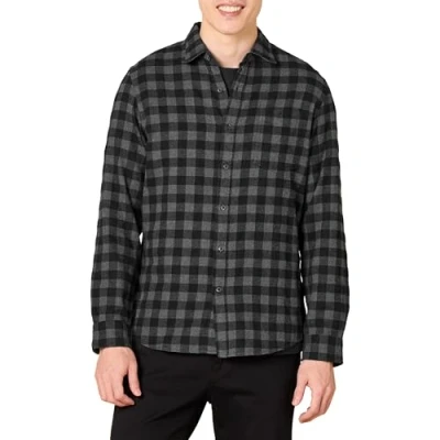 Bild av Amazon Essentials Men&#039;s Långärmad rutig flanellskjorta smal passform (färger i begränsad upplaga), Svart Kolsvart Buffalorutigt, XS