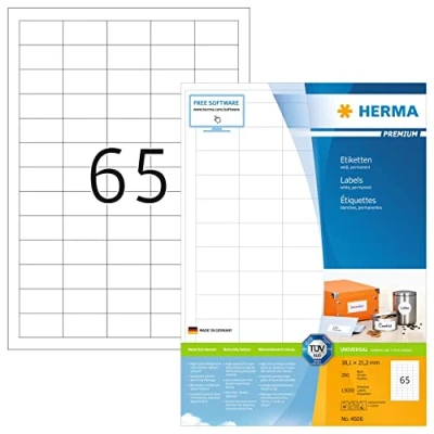 Bild av HERMA 4606 universella etiketter A4 små (38,1 x 21,2 mm, 200 ark, papper, matt) självhäftande, utskrivbara, permanenta adressetiketter, 13 000 klistermärken, vit