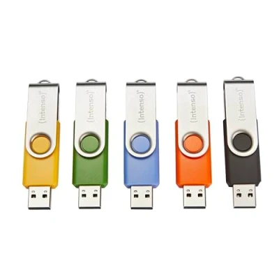 Bild av Intenso Basic Line 5 x 32 GB USB minne 2.0 med praktiska märkningsetiketter, gul, grön, svart, blå + orange, silvermetallbygel