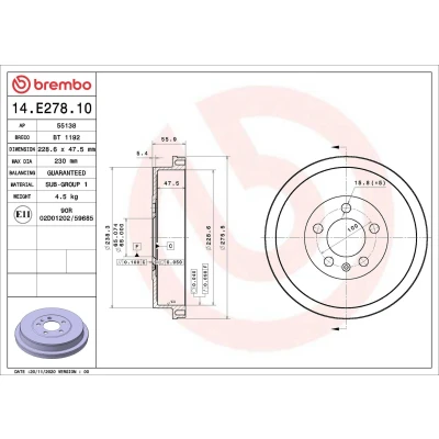 Bild av BREMBO 14.E278.10 Tambours De Frein 228,6 SKODA: Rapid Spaceback