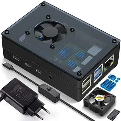 Bild av Miuzei hus för Raspberry Pi 4 med hölje synlig akrylfläkt kylning aluminium kylare 5 V 3A USB C EN/AUS omkopplare nätdel 4b fodral kompatibel modell B 8GB/4GB/2 GB svart