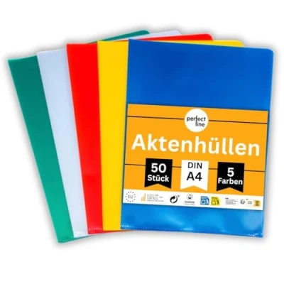 Bild av perfect line 50 plastmappar A4, 5 färger, plastfickor för A4 papper, genomskinliga plastfickor, DIN mappar, transparent, kornad, dokumentsäker, made in EU