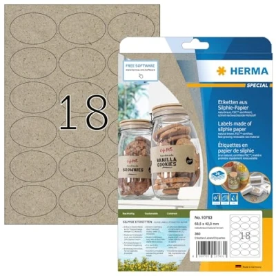 Bild av HERMA 10763 universella etiketter, ovala, 20 ark, 63,5 x 42,3 mm, 18 stycken/A4 360 klistermärken, självhäftande tryckbara, matt, blank, silkespapper, naturbrun