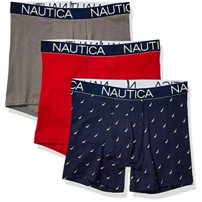 Bild av Nautica boxershorts för män (förpackning med 3), röd/platina grå/segel tryckpeacoat, L