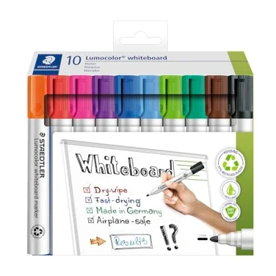 Bild av STAEDTLER 351 C10 Lumocolor whiteboardmarkör, kulspets 2,0 mm linjebredd blandade färger (kortpaket med 10)