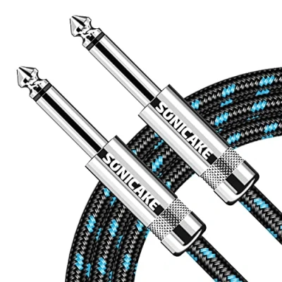 Bild av SONICAKE Flätad gitarrkabel 3 m/10 fot gitarrinstrumentkabel 6,35 mm 1/4 tum rät vinkel till rak svart blå (3m Nylon ST ST)