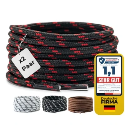 Bild av LaceHype 2 par premium runda skosnören [Ø4,5 mm] polyester för arbetsskor, stövlar, utomhusskor och sportskor slitstarka skosnören, svart/röd, 150 cm Paar