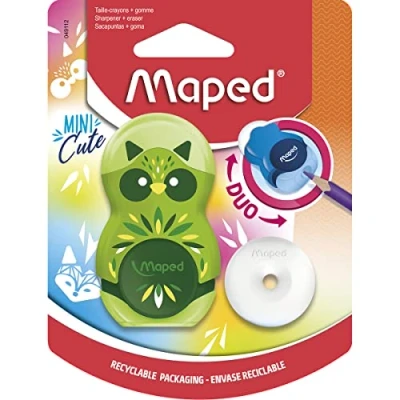 Bild av Maped 2 i 1 radergummi/pennvässare LOOPY MINI CUTE, påfyllningsbar, inklusive x ersättningsradergummi slumpmässigt färgval för tunna pennor, 049112, flerfärgad