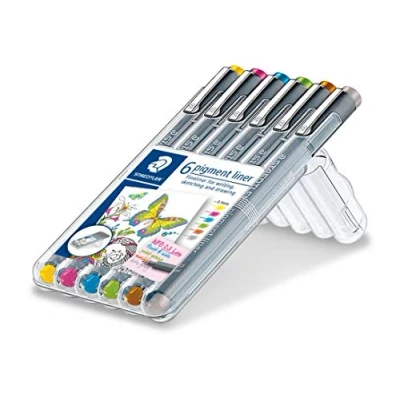 Bild av Staedtler Pigment Liner, Fineliner, Hohe Qualität, Pigmenttinte, dokumentenecht, lichtbeständig, wasserfest auf Papier, Linienbreite 0, 3 mm, box mit 6 Farben, 30803S2SB6