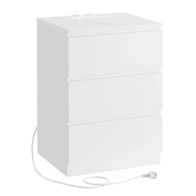 Bild av VASAGLE LET831W14 sängbord, set om 2, sidobord, 3 lådor, fasad kant, 2 AC uttag, USB portar, vardagsrum, sovrum, arbetsrum, modernt, molnvit