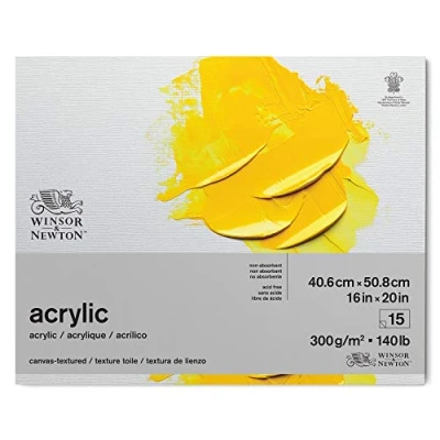 Bild av Winsor &amp; Newton 6534004 Akrylpapper i block 15 ark med kanvasstruktur 40,6 x 50,8 cm, 300 g/m², syrafri, utan optiska blekmedel, åldringsbeständig för akrylfärg och medier, vit