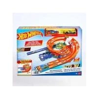 Bild av Hot Wheels banset för leksaksbilar, Whip Around Raceway, två leksaksbilar i skala 1:64, enkel förvaring, HTK17