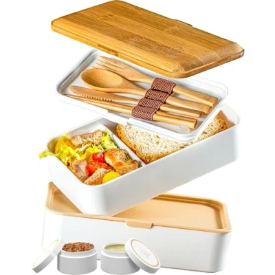 Bild av Umami Bento Lunch Box, 2 såsburkar och träbestick ingår, mikrovågsugnslunchlåda, matlåda för vuxna, i fack, Box