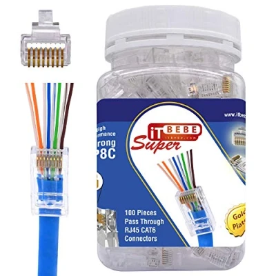 Bild av ITBEBE 100 pack Cat 6 Pass Through RJ45 kontakter (High Perform genom kontakter/Cat6 kontakt/RJ45 kontakt Cat6/Ethernet kontakter/8P8C/Cat6 ändar) för 24 AWG Ethernet kabel