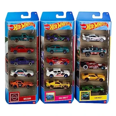 Bild av Hot Wheels 5 pack med 15 leksaksbilar, 3 temaförpackningar fordon i skala 1:64, autentiska detaljer, realistisk dekor, present till samlare och barn från år, HNM05