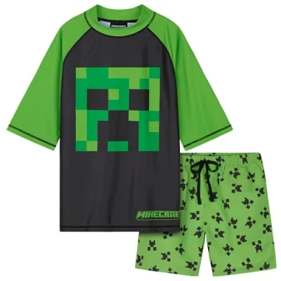 Bild av Minecraft baddräkt för pojkar, tvådelad simning och badshorts, Grön/svart, 9 10 År