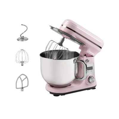 Bild av Bestron Patissierrobot, supertyst konditorrobot (65 dB), 4 i 1 köksrobot, 6 liters skål, inklusive degkrok, visp och platt mixer, hastigheter + pulsfunktion, rosa
