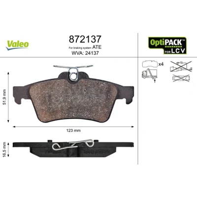 Bild av VALEO 872137 Jeu de plaquettes frein Essieu arrière contact signal d&#039;usure exclu sans kit vis fixation, pour conditions d’usage difficiles