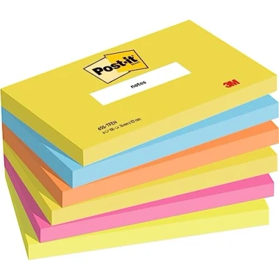 Bild av Post it &quot;Rainbow Notes&quot; färgglada klisterlappar 76 x 127 mm, 6 anteckningsblock med 100 ark vardera i neongrön och orange, ultrablå, gul rosa