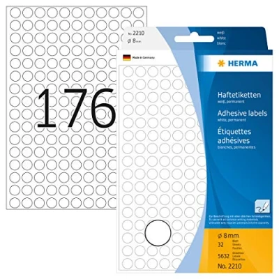Bild av HERMA 2210 multifunktionsetiketter/runda färgade prickar (Ø 8 mm, 32 ark, papper, matt) självhäftande, permanenta märkningspunkter för handskriven märkning, 5 632 klistermärken, vit