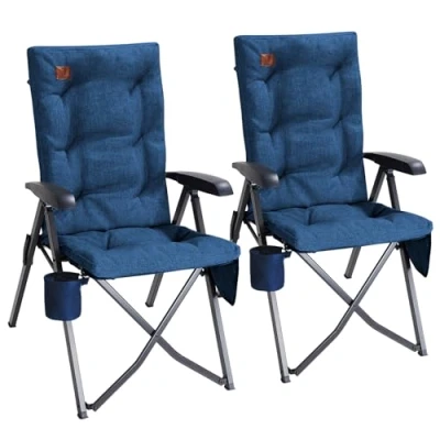 Bild av EVER ADVANCED Campingstol, vikbar ryggjusterbar i 4 lägen upp till 150 kg, fällstol, 6 cm tjock, vadderad med sidoficka, dryckeshållare, trädgårdsstol, högt ryggstöd, fiskestol för camping, trädgård
