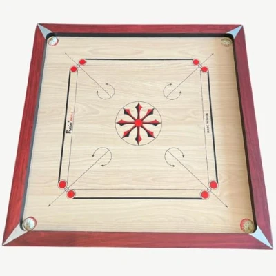 Bild av Carrom Board Indien i trä professionell 1 med 9 mm spelbräda hårda studskanter komplett striker och stenar rutig bräda