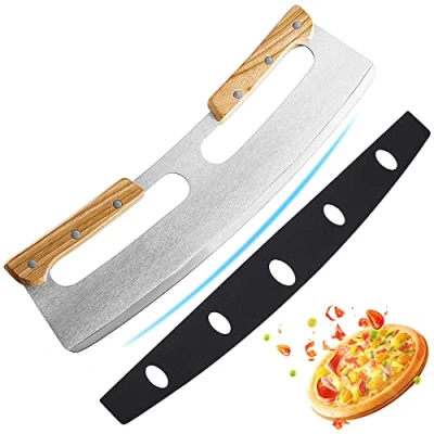 Bild av Pizzahackkniv, pizzaskärare huggkniv av rostfritt stål 35cm med trähandtag, skyddskåpa, snabb och jämn skärande professionell pizzakniv