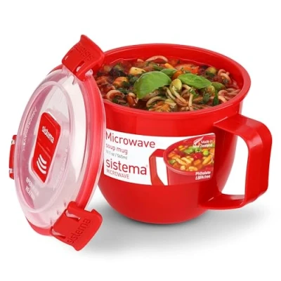 Bild av Sistema mikrovågsugn liten soppmugg 565 ml Matbehållare för med ångutlösningsventiler BPA fri röd 1 antal