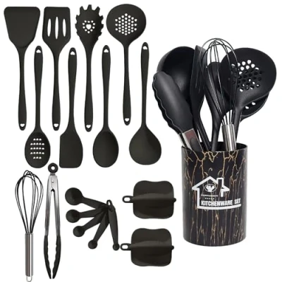 Bild av Nuangoo 18 stycken köksredskapsset, köksredskapsset i silikon, köksredskap, köksbestickset med non stick värmebeständiga silikonköksredskap. Svart