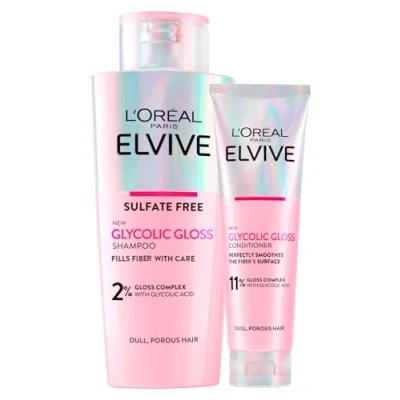 Bild av L&#039;Oréal Paris Elvive Glycolic Gloss Upplysande schampo med glykolsyra 200 ml + balsam för poröst och tråkigt hår glans långvarig kvällseffekt 150 2 flaskor