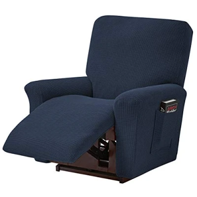Bild av ele ELEOPTION Recliner Sofföverdrag, stretchigt vilstol, överdrag av elastan i 4 delar, relaxfåtölj, stretchskydd för liggfåtölj, massagefåtölj (mörkblå)