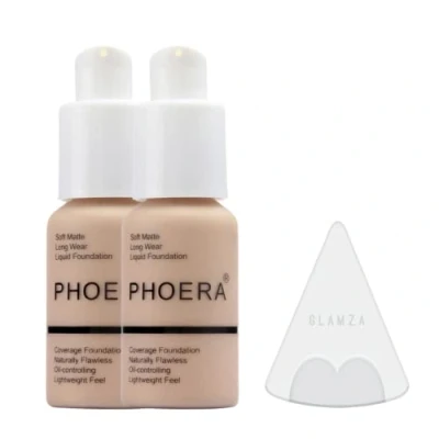 Bild av Glamza Phoera foundation sminkset med full täckning 24 timmar långvarig oljekontroll mjuk slät matt felfri concealerkräm Inc x2 30 ml &amp; silikonblandningssvamp (102 hudfärgad)
