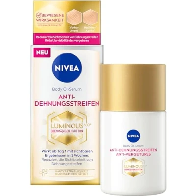 Bild av NIVEA LUMINOUS630® Body oljeserum anti bristningsremsor, kroppsolja minskar synligheten av bristningar, mycket effektivt formel och återfuktar 48h (100 ml)