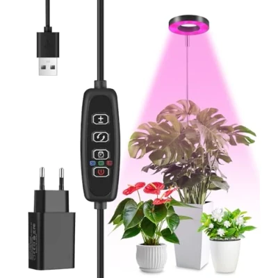 Bild av Växtlampa LED, fullspektrum växtljus för inomhusväxter, 3 ljuslägen och 10 ljusstyrkor, justerbar LED växttillväxtlampa med timer 3/9/12 timmar USB adapter