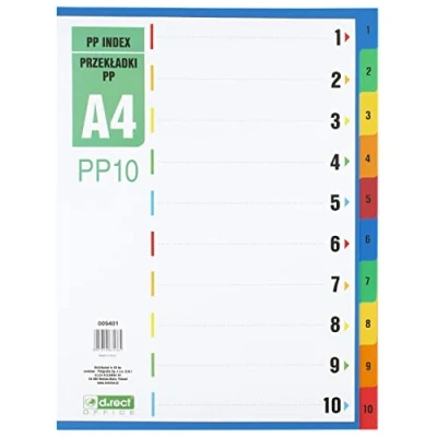 Bild av D.RECT Register för A4, PP10, 10 avdelare, ringboksregister, flikar med nummeravtryck 110, flerfärgad, färgsavskiljare av PP, polypropylen