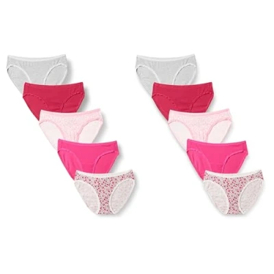 Bild av Amazon Essentials Women&#039;s Bikinitrosor underkläder i bomull (finns plusstorlek), Pack of 10, Blommor/Grå/Rosa, L