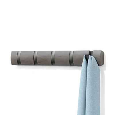 Bild av Umbra Flip 5 krok väggmonterad klädställ, modern, elegant, platsbesparande klädhängare med infällbara krokar för att hänga rockar, halsdukar, plånböcker och mer, grå/tenn