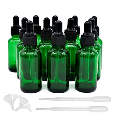 Bild av INHEMING 30 ml glasdroppflaska, grön tom glasflaska med glaspipetter, för eteriska oljor, aromaterapi, kemisk vätska (2 droppar och 2 tratt) 12 st