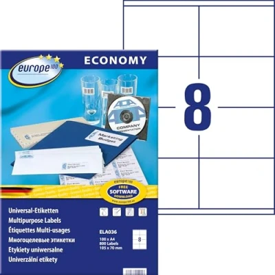 Bild av Europe100 Art. ELA036 Universella etiketter (800 självhäftande etiketter, 105 x 70 mm på A4, matt papper, individuellt tryckbara, fraktklistermärken, kompatibla med AVERY 3426) 100 ark,