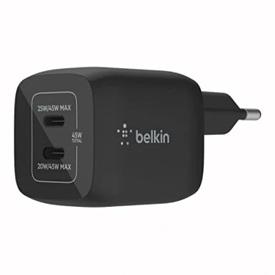 Bild av Belkin 45 W dubbel USB Type C väggladdare, snabbladdande Power Delivery 3.0 med GaN teknik, laddare för iPhone 15, 14, 13, 12, iPad Pro, MacBook, Galaxy S24, Pixel, Note, Sony, Tab och fler