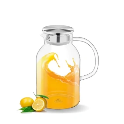 Bild av Wilmax Glaskaraff med lock av rostfritt stål 2 100 ml karaff för varma eller kalla drycker vattenkaraff borosilikatglas glaskanna te, juice, mjölk vattenkanna