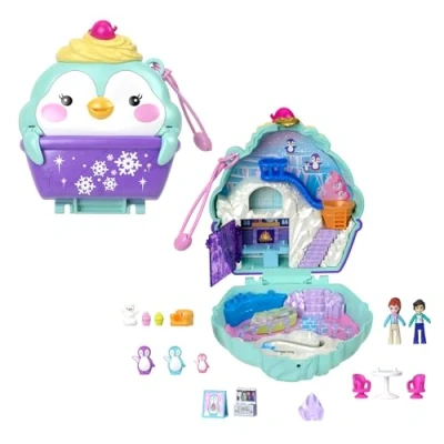 Bild av Polly Pocket dockor och lekset, reseleksak med fidget på utsidan, lekväska söta snöpingviner 12 tillbehör, HRD34